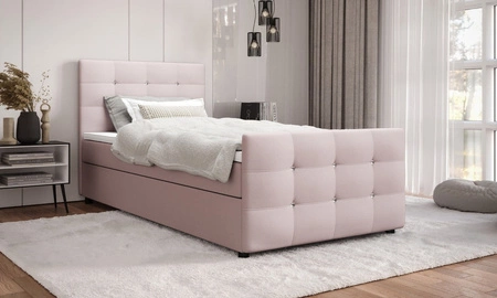 Kontinentální postel Kansas 120x200 pudrově růžová v moderním skandinávském stylu s čalouněným čelem a podnožkou
