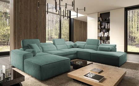 Rohová sedací souprava s funkcí spaní Viano X patina levá designová rohová sedací souprava do obývacího pokoje v moderním stylu s nastavitelnými opěrkami hlavy