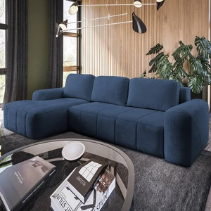 Rohová sedací souprava s funkcí spaní Bovec modrá levostranná stylová rohová sedací souprava s ergonomickým tvarem z hydrofobní tkaniny