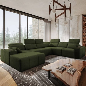 Rohová sedačka s funkcí spaní Tesalia VIII zelená levá pohodlná rohová sedačka do obývacího pokoje s inovativní funkcí posuvného opěradla