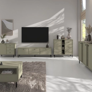 Sada nábytku do obývacího pokoje Kioto II eukalyptus stylový design elegantní nábytek podepřený kovovými černými nohami subtilní úchyty