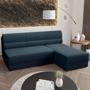 Rohová sedací souprava s funkcí spaní Fogu modrá pravostranná stylová rohová sedací souprava s jednoduchým designem potažená nádobou na lůžkoviny z manšestrové látky