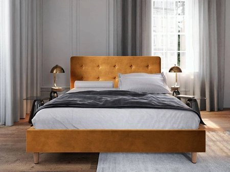 Čalouněná postel Noiro 140x200 hořčice s kontejnerem v moderním skandinávském stylu s výrazným čelem