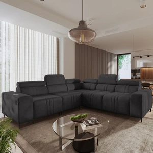 Rohová sedací souprava s funkcí spaní Castel III grafitová levá rohová sedací souprava se dvěma kontejnery na lůžkoviny s nastavitelnými opěrkami hlavy