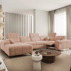 Rohová sedací souprava s funkcí spaní Penejos IV Lux losos levá stylová rohová sedací souprava s pohodlnou výsuvnou opěrkou nohou