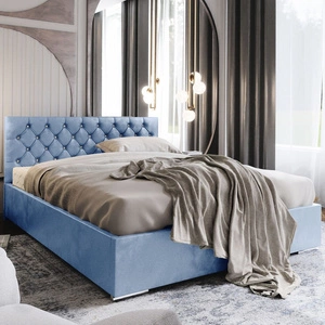 Čalouněná postel Bauru 160x200 modrá s úložným boxem v moderním skandinávském stylu s prošívaným podhlavníkem s krystaly