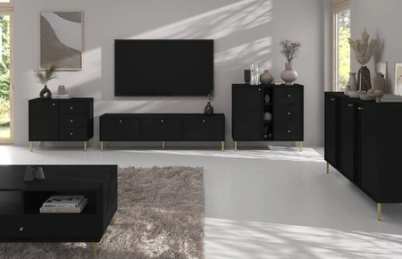 Sada nábytku do obývacího pokoje Kioto II černá grafitová stylový design elegantní nábytek podepřený kovovými zlatými nožkami decentní úchytky