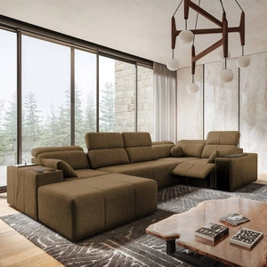 Rohová pohovka s funkcí spaní Tesalia IV Lux hnědá levá stylová rohová pohovka s výsuvnou opěrkou nohou a posuvnou funkcí opěradla