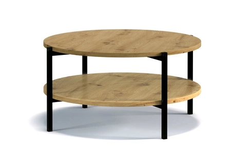Kulatý konferenční stolek 84 cm Sampi dub artisan s přídavnou policí lehký design kovová podnož ideální stolek pro jakékoli uspořádání
