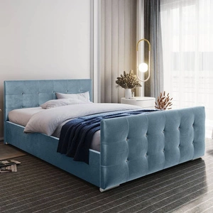Čalouněná postel Alford 180x200 tyrkysová s úložným prostorem v moderním skandinávském stylu s prošívaným čelem a nohama s povrchovou úpravou krystaly