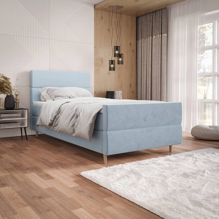 Kontinentální postel Benet 120x200 modrá v moderním skandinávském stylu s čalouněným čelem a nohou postele s úložným boxem
