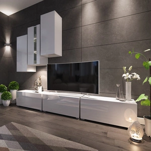 Nástěnná skříňka Viva v bílém lesku je univerzálním řešením pro obývací pokoj a ideální volbou pro ty, kteří hledají praktická a neobvyklá řešení