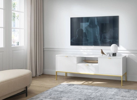 Lovro 154 cm bílá RTV skříňka moderní design potěší milovníky výrazných interiérů zlaté kovové doplňky