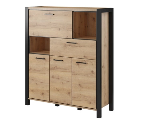 Aktiv vysoká komoda 120 cm dub taurus / černá designová komoda se zásuvkou v industriálním stylu s černými kovovými úchyty