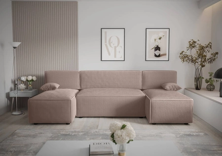 Rohová sedací souprava s funkcí spaní Brandon U světle hnědý kontejner na lůžkoviny trojrozměrná pruhovaná tkanina