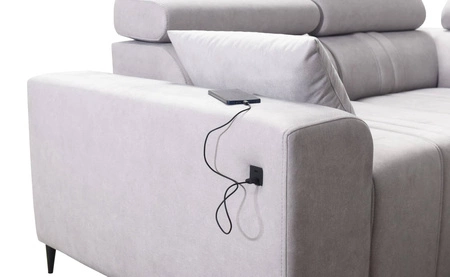 Rohová sedací souprava s funkcí spaní Castel III modrá levá rohová sedací souprava se dvěma kontejnery na lůžkoviny s nastavitelnými opěrkami hlavy