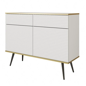 Luxusní zásuvková komoda 107 cm bílá stylová komoda s drážkovanými čely s korpusem zakončeným zlatým lemováním černé kovové nohy