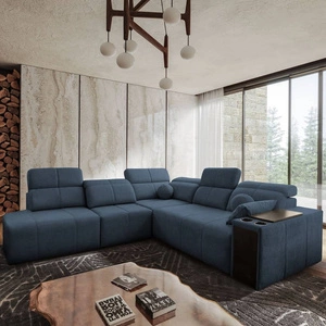 Rohová sedací souprava s funkcí spaní Tesalia IX modrá levá moderní design pohodlný posuvný opěrák zásuvka v boku nábytku