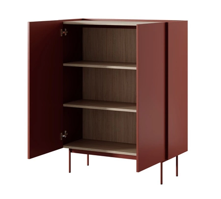 Nábytková sestava Vellore cihlově červená elegantní závěsná skříňka s originálním designem decentně snížené desky jsou ozdobou nábytku