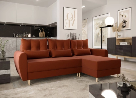 Rohová pohovka s funkcí spaní Rovigo cihlově červená pravá rohová pohovka elegantní skandinávský design velký prostor na lůžkoviny