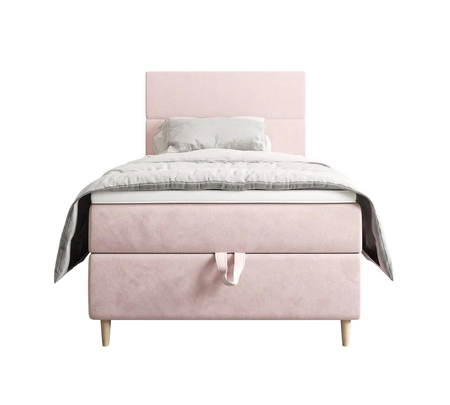 Kontinentální postel Bing 90x200 pudrově růžová v moderním skandinávském stylu s čalouněným čelem postele s úložným boxem