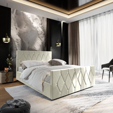 Čalouněná postel Tifton 140x200 béžová s úložným prostorem v moderním stylu s výrazným čelem a nohou s krystaly