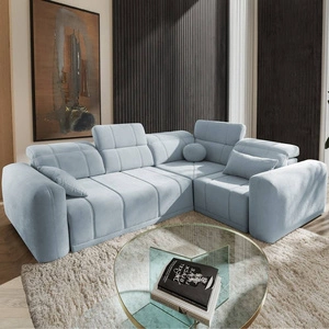 Rohová sedací souprava s funkcí spaní Cetara II modrá pravá strana stylový design posuvné opěradlo nastavitelné opěrky hlavy a kontejner na lůžkoviny