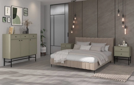 Kioto III eukalyptový noční stolek se zásuvkami ideální skříňka do ložnice jemné úchytky kovový rám