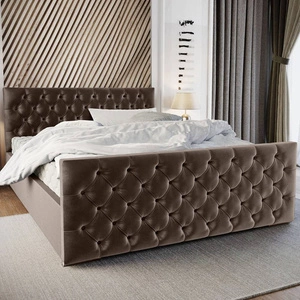 Čalouněná postel Viamao 160x200 světle hnědá s kontejnerem v moderním skandinávském stylu s prošívaným čelem a nohama