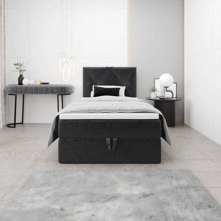 Kontinentální postel Arvada 90x200 grafit v moderním skandinávském stylu s čalouněným čelem postel s úložným boxem