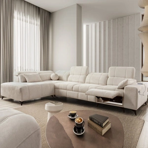 Rohová rozkládací pohovka s funkcí spaní Penejos XI Lux krémová levá stylová rohová rozkládací pohovka s pohodlnou výsuvnou opěrkou nohou