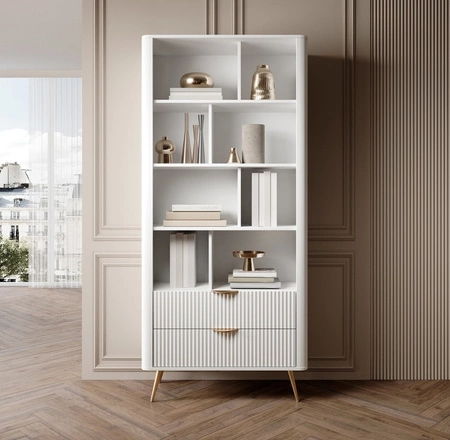 Knihovna Lante 88 cm bílá elegantní knihovna se zásuvkami designové drážkování na čelech kovové hrany úchytky