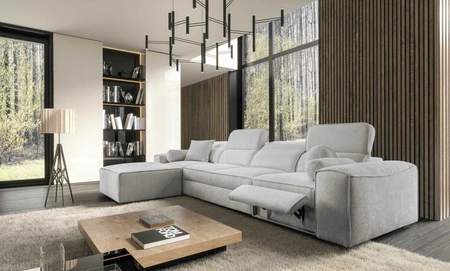Rohová sedací souprava s funkcí spaní Viano XII Lux šedý jasan levá designová rohová sedací souprava do obývacího pokoje s pohodlnou výsuvnou opěrkou nohou