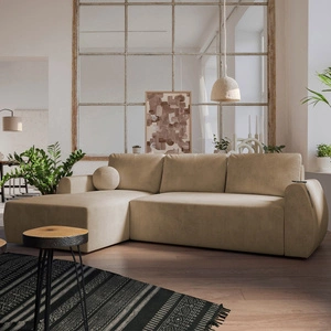 Rohová sedací souprava s funkcí spaní Colio tmavě béžová levá strana stylová rohová sedací souprava se zajímavým tvarem dekorativního polštáře koule