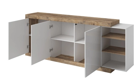 Komoda Sintra 220 cm dub samdal / bílý lesk funkční, ideální do moderních interiérů bezúchytkový systém otevírání push to open