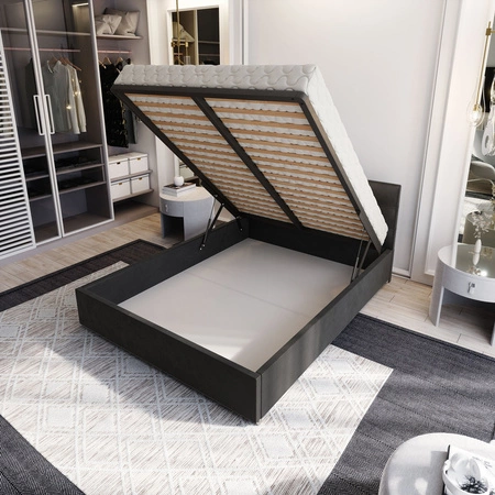 Čalouněná postel Montigo 140x200 modrá s kontejnerem v moderním skandinávském stylu s prošívaným čelem