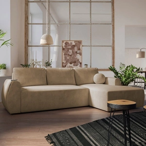 Rohová sedací souprava s funkcí spaní Colio tmavě béžová pravá strana stylová rohová sedací souprava se zajímavým tvarem dekorativního polštáře koule