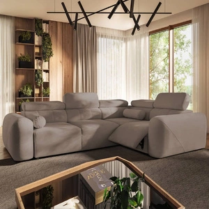 Rohová sedací souprava s funkcí spaní Cantare II Lux tmavě béžová pravá pohodlná rohová sedací souprava do obývacího pokoje se zvedací podnožkou měkká látka