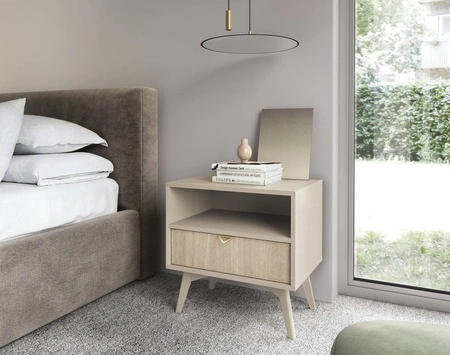 Wald noční stolek béžový / béžová rybí kost se zásuvkou ideální skříňka do ložnice vkusný dekor rybí kosti na čele zásuvky