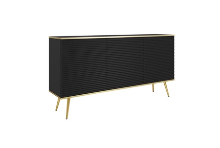 Luxusní komoda 160 cm černá elegantní design stylová drážkovaná čela korpus komody doplněný zlatým lemováním zlaté kovové nohy