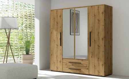 Zrcadlová šatní skříň Maxione 198 cm dub artisan prostorná šatní skříň do ložnice, pokoje pro mladé nebo předsíně obohacená o zásuvky