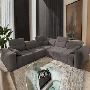 Rohová pohovka s funkcí spaní Cetara III šedohnědá levá ergonomická rohová pohovka s posuvným opěradlem a nastavitelnými opěrkami hlavy