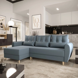 Rohová sedací souprava s funkcí spaní Rovigo šedomodrá levá elegantní rohová sedací souprava ve skandinávském tvaru velká přihrádka na lůžkoviny