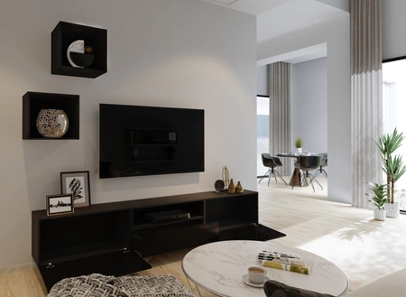 Mistra černá / lesklá černá univerzální a stylová nástěnná skříňka do obývacího pokoje minimalistický design v moderním prostředí