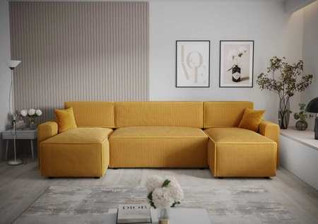 Rohová sedací souprava s funkcí spaní Brandon U Bis medová nádoba na lůžkoviny trojrozměrná látka s výraznými pruhy měkké područky