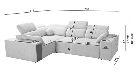 Rohová sedačka s funkcí spaní Tesalia II šedá levá pohodlná rohová sedačka do obývacího pokoje s posuvným opěradlem nádoba na lůžkoviny