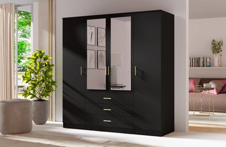 Šatní skříň Adel 200 cm černá elegantní design prostorná šatní skříň se zrcadlem a zásuvkami ideální do ložnice nebo předsíně zlaté úchyty