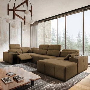 Rohová sedací souprava s funkcí spaní Tesalia IV Lux hnědá pravostranná stylová rohová sedací souprava s výsuvnou podnožkou a posuvnou funkcí opěradla