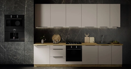 Sada kuchyňského nábytku Soela 330 cm elegantní kuchyňské skříňky v jemných a přírodních barvách úchyty s kovovými hranami