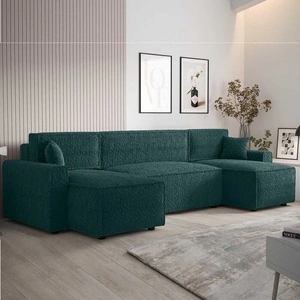 Rohová sedací souprava s funkcí spaní Brandon U Bis tyrkysový kontejner na lůžkoviny područky látka s výrazným smyčkovým povrchem